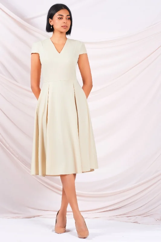 Beige Cap Sleeve Midi Dress