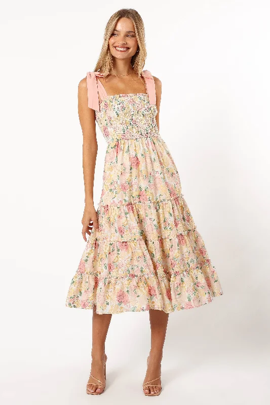 Bella Floral Ruffle Midi Dress - Pink/Yellow