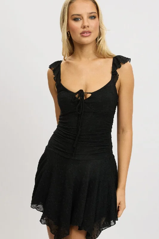 Black A-Line Dress Frilled Sleeve Mini Lace