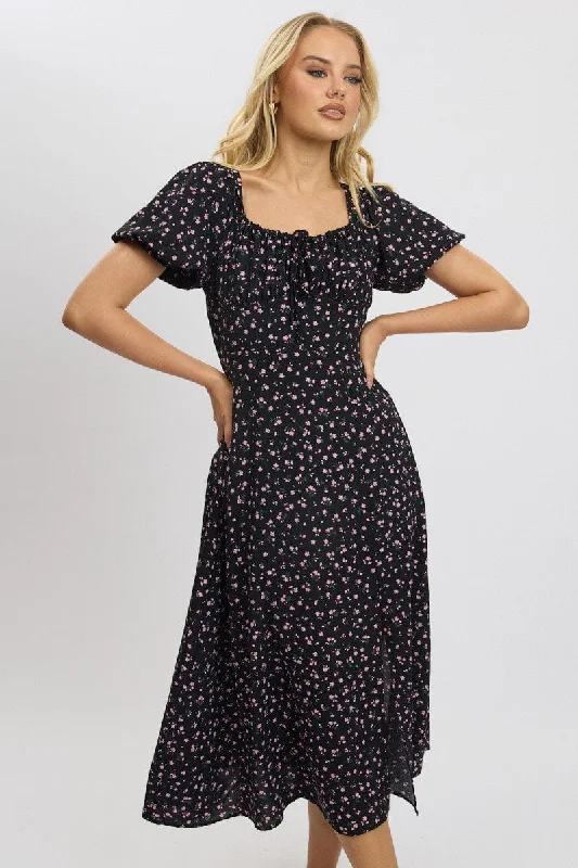 Black Ditsy Midi Dress Short Sleeve Side Split