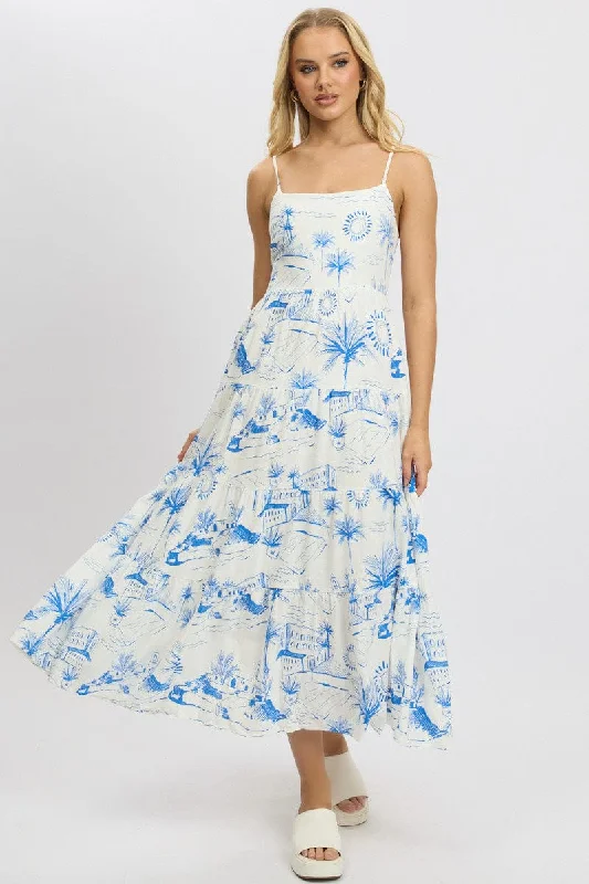 Blue Abstract Maxi Dress Tiered Strappy