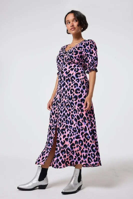 Pink with Blue and Black Shadow Leopard Flute Sleeve Midi Tea Dress