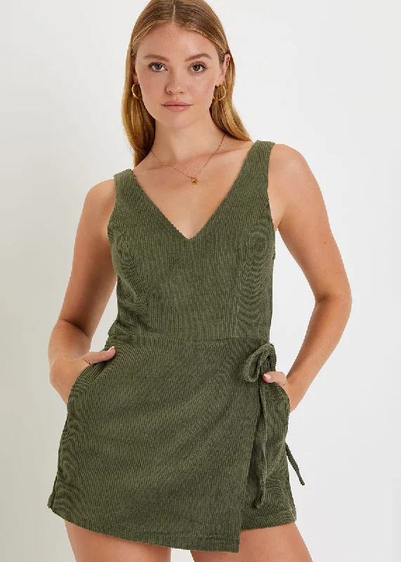 Coordinated Cuteness Corduroy Wrap Romper - Olive