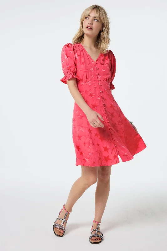 Coral Star Jacquard Flute Sleeve Short Tea Dress