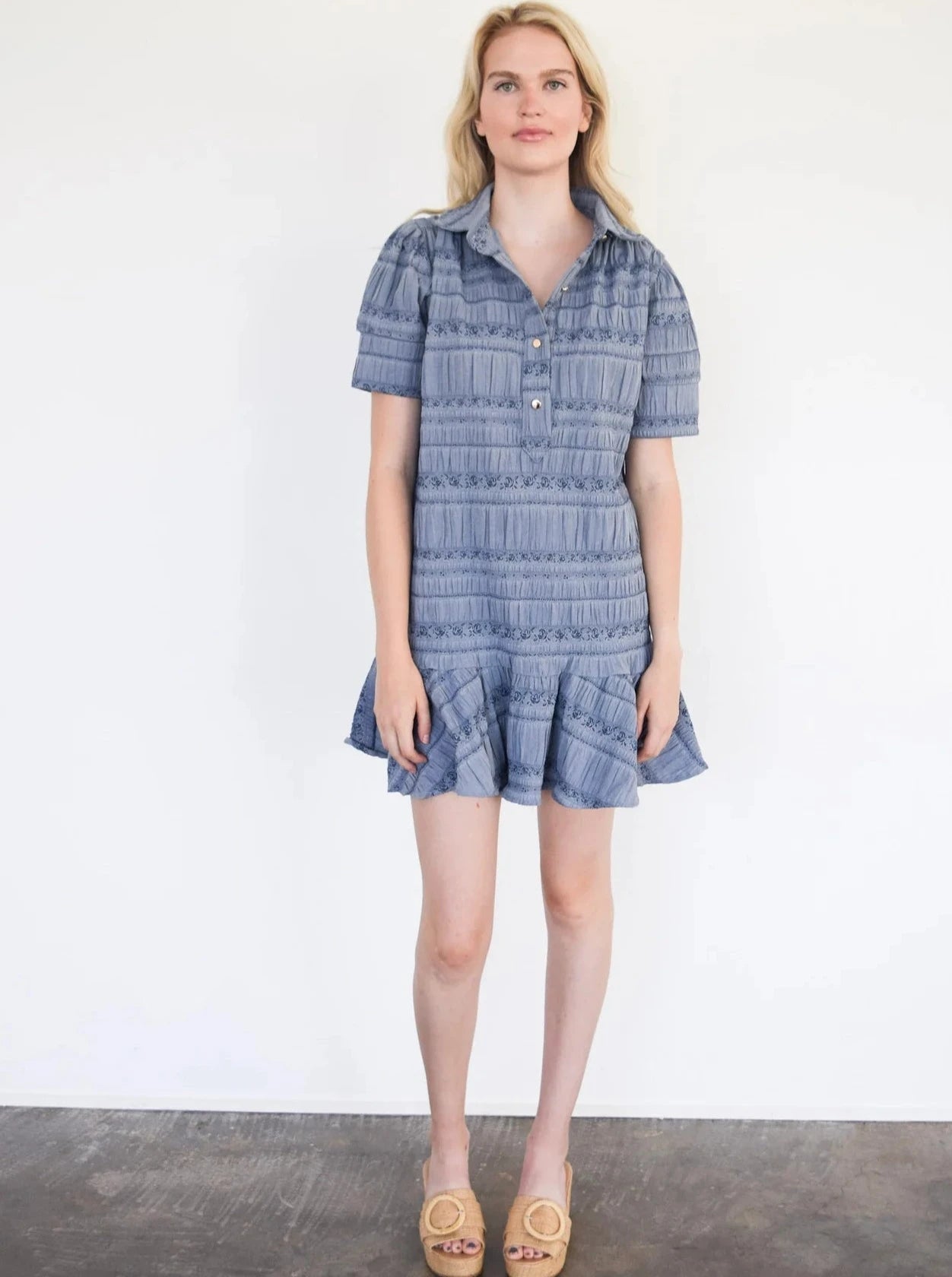 Everything Short Sleeve Dress with Ruffle in Blue Floral Jacquard