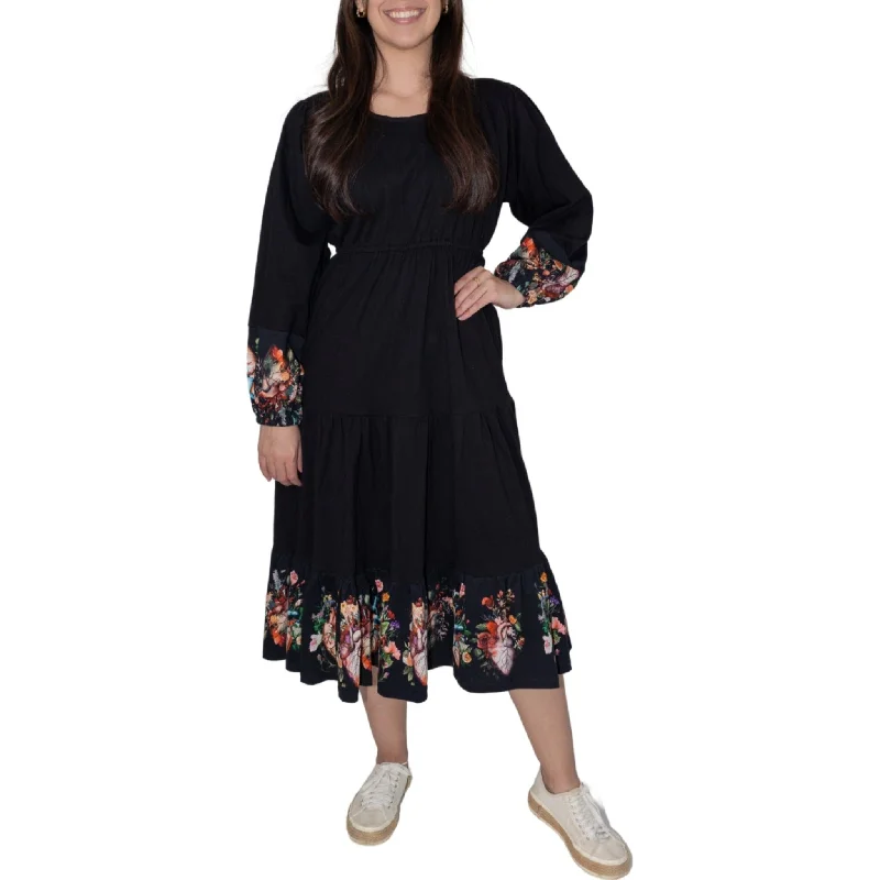 Floral Hearts Long Sleeve Midi Dress (With Waist Seam)