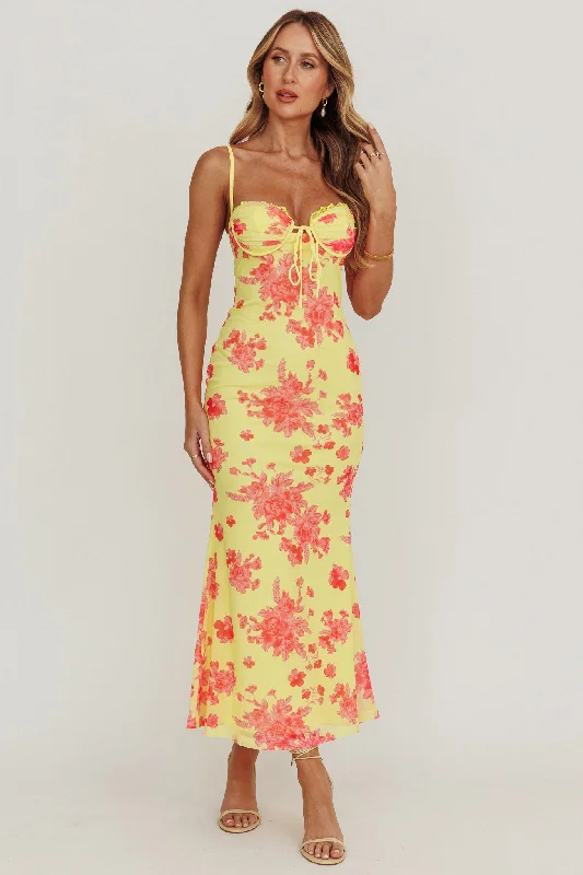 Fortune Mesh Floral Midi Dress Pink/Yellow