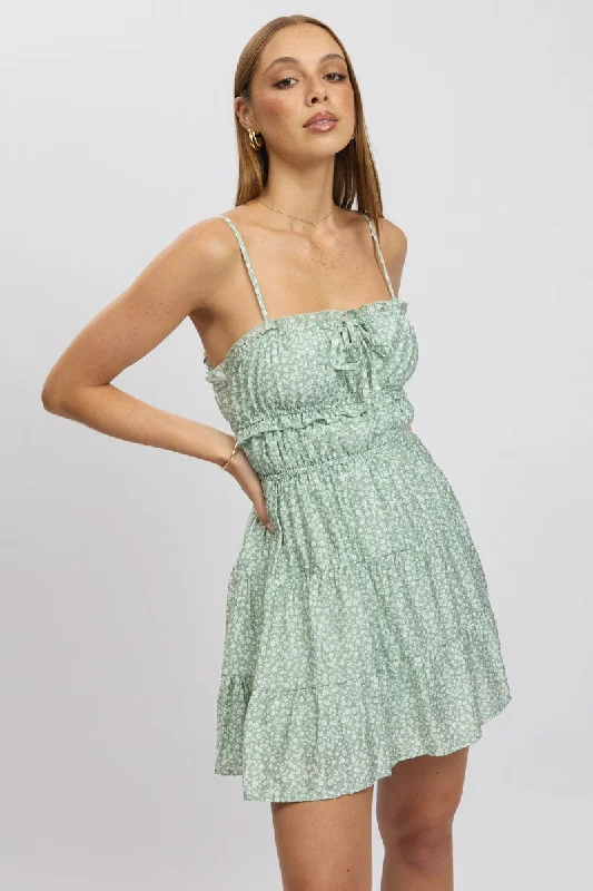 Green Ditsy Fit And Flare Dress Cut Out