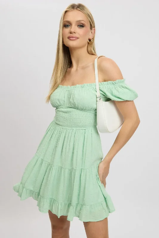 Green Fit And Flare Dress Puff Sleeve Mini