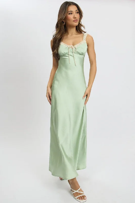 Green Midi Dress Elasticated Shoulder Strap Satin