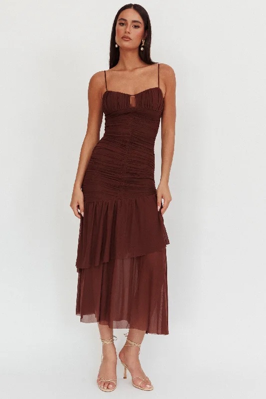 Kailua Ruched Tiered Hem Maxi Dress Chocolate