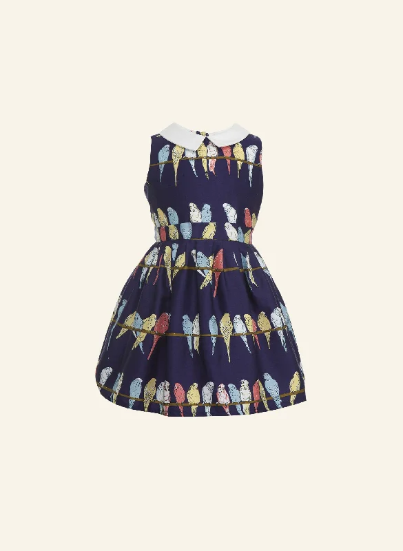 Penny Children's Dress - Navy Budgies