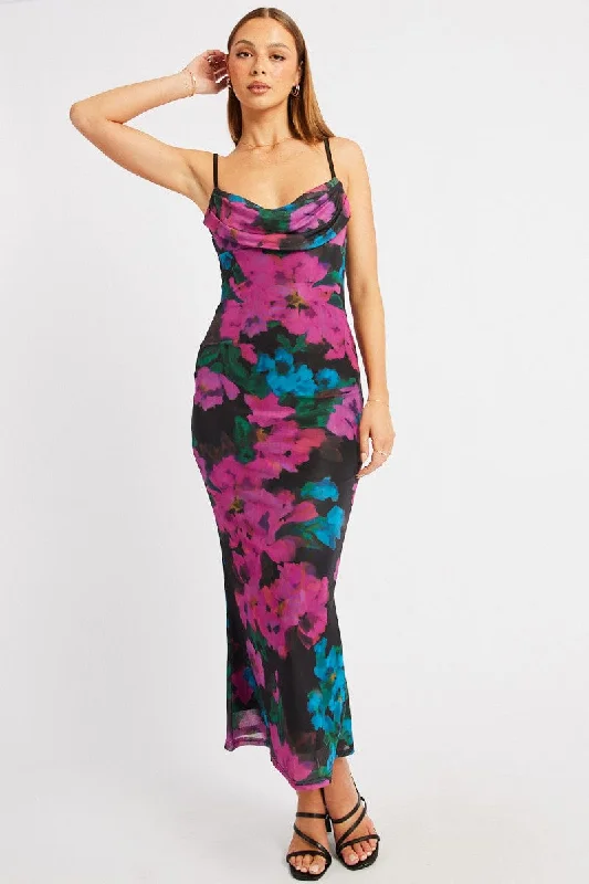 Pink Floral Bodycon Dress Singlet Cowl Neck Maxi