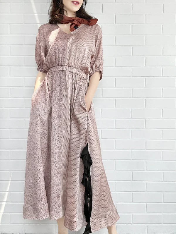 Pink Ruffle Side Slit V-Neck Dress w/Removable Silky Scarf