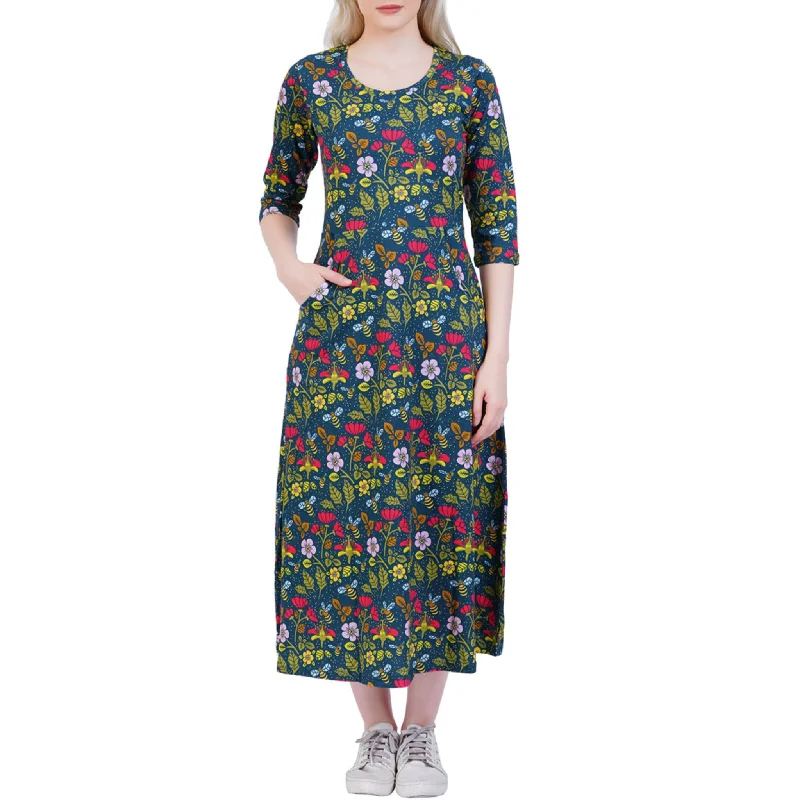 Pollinator 3/4th Sleeves Midi Dress (With Waist Seam)