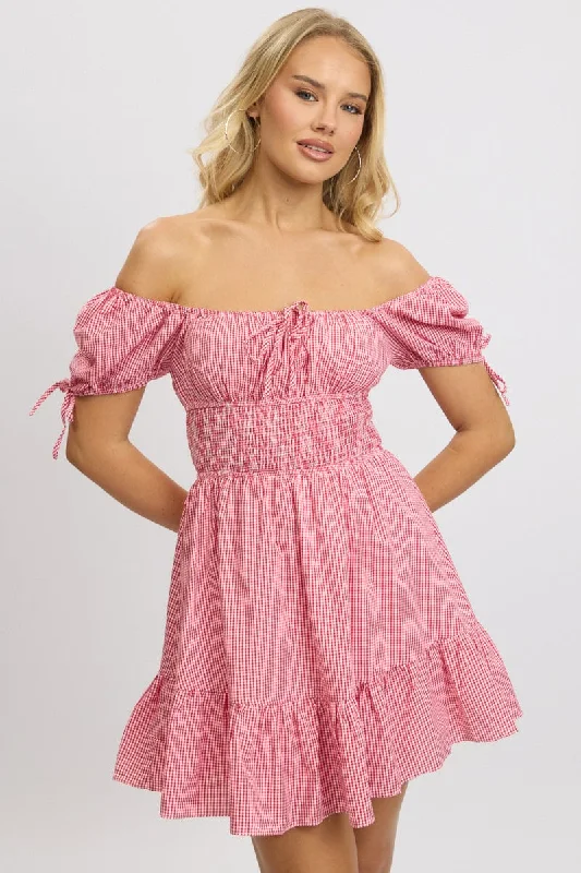 Red Check Fit And Flare Dress Puff Sleeve Mini