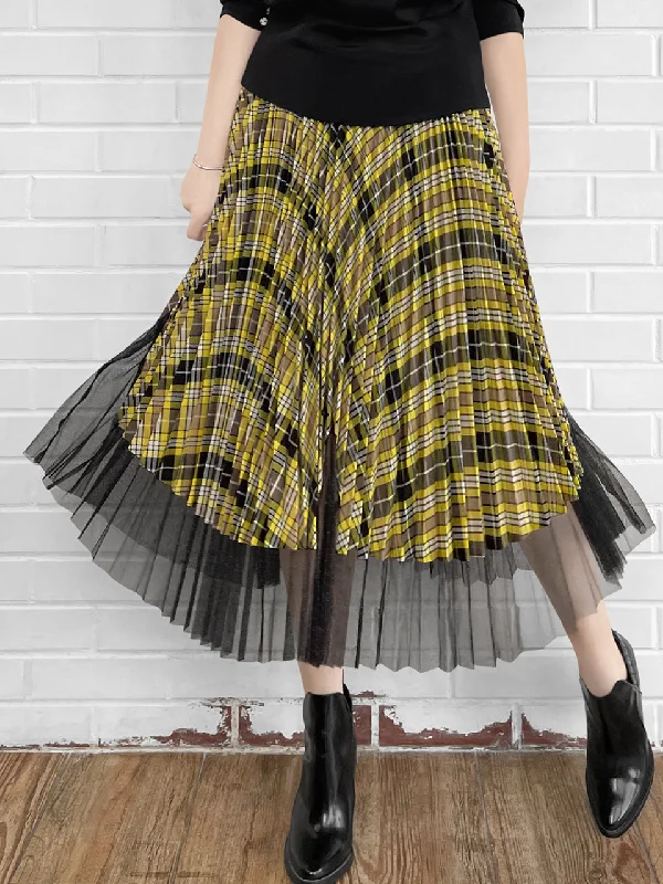 Tartan Asymmetrical Shimmer Mesh Pleated Midi-Skirt