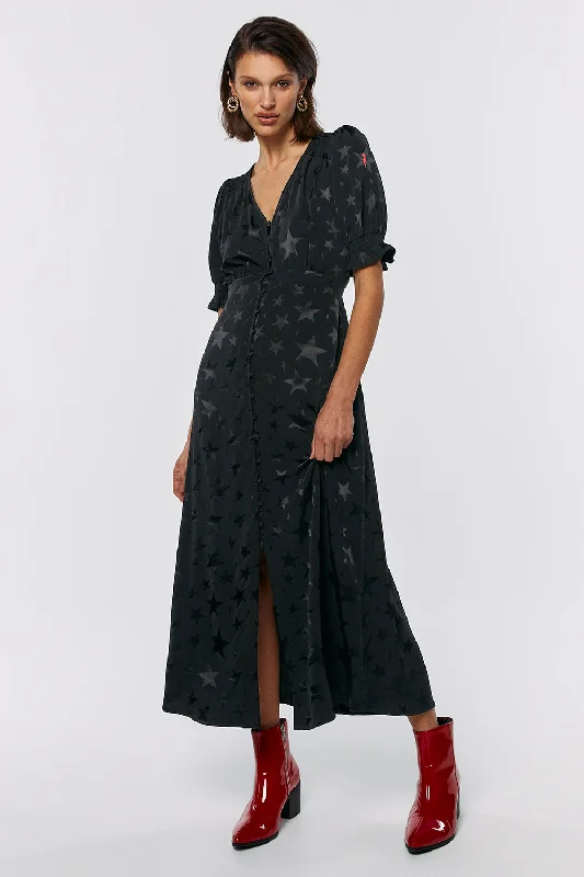 Black Jacquard Star Flute Sleeve Midi Tea Dress