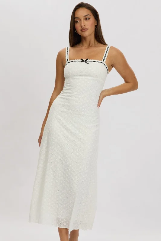 White Midi Dress Lace Trim Sleeveless Eyelet Fabric