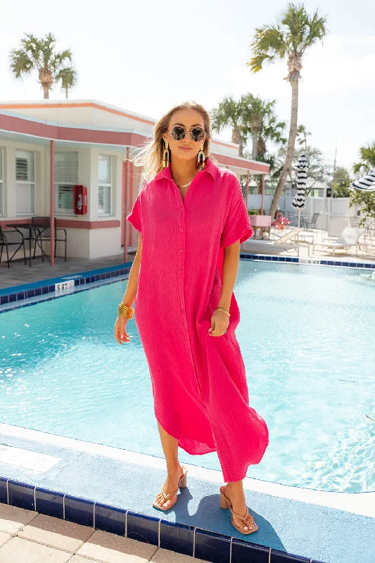 Carmen Cover Up Caftan Maxi Dress - Hot Pink