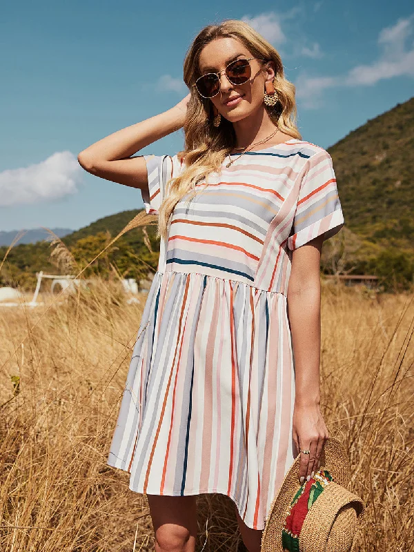 KittenAlarm - Loose Short-sleeved Mid-length Round Neck Casual Striped Dress