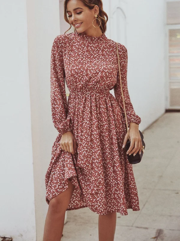 KittenAlarm - Disty Floral Mock Neck Elastic Wasit Dress