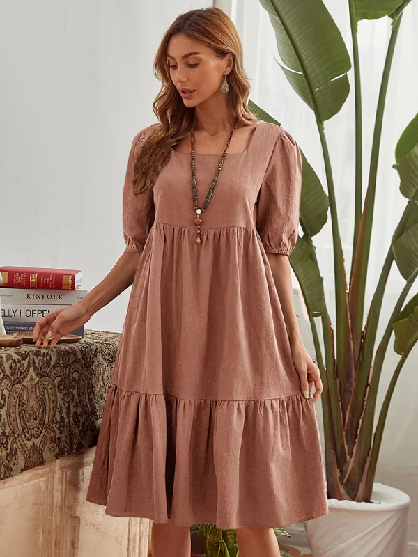 KittenAlarm - Puff Sleeve Shirred Waist Ruffles Dress