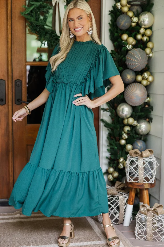 All The Good Emerald Green Ruffled Midi Dress