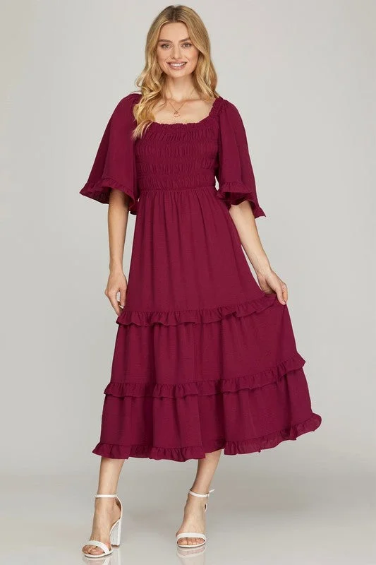 AMANDA BELL SLEEVE SQUARE NECK SMOCKED TIERED MIDI DRESS