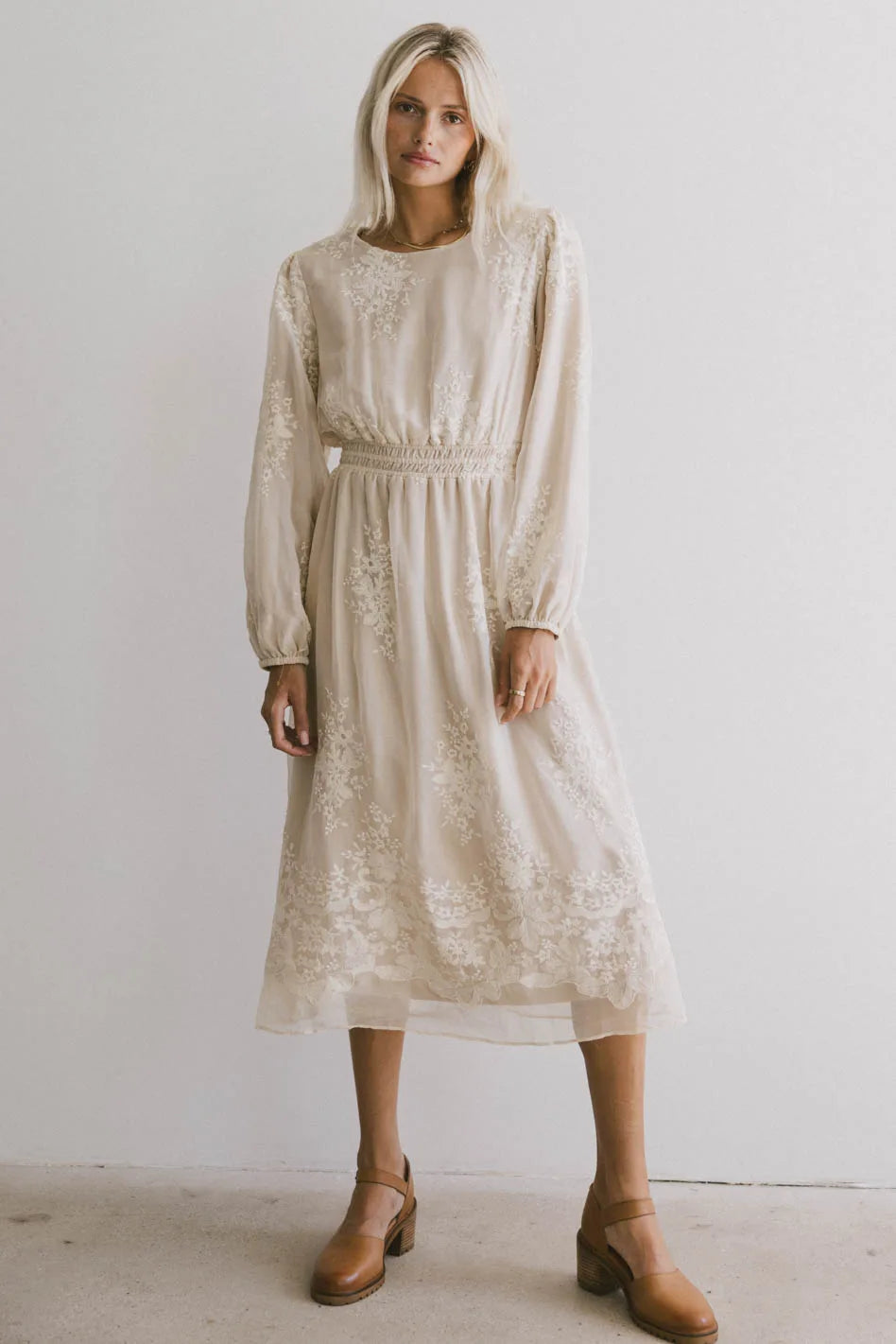 Andee Embroidered Midi Dress in Champagne