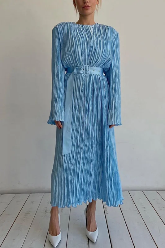 TastyHottie - Blue Belt Waisted Pleated Midi Dress