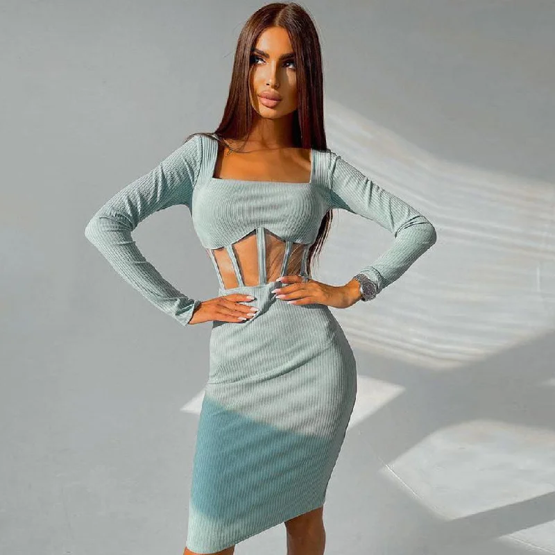 Square Neck Long Sleeve Mesh Panel Rib Knit Midi Dress - Teal