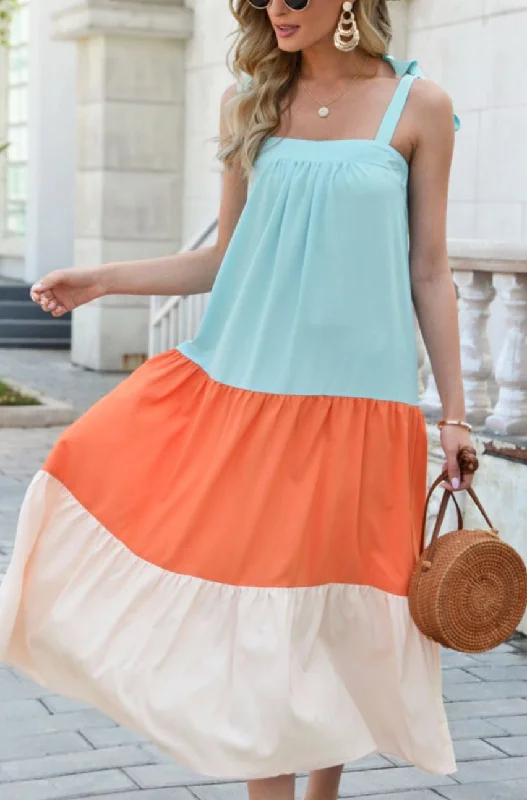 Color Block Tie-Shoulder Sleeveless Dress