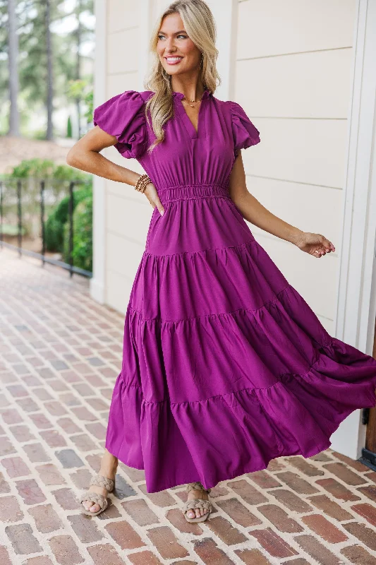 Coming Back For You Plum Purple Tiered Midi Dress