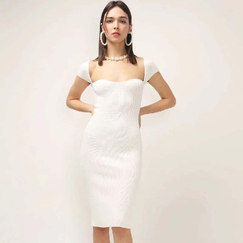 Sweetheart Neck Cap Sleeve Ribbed Knit Bodycon Midi Dress - White