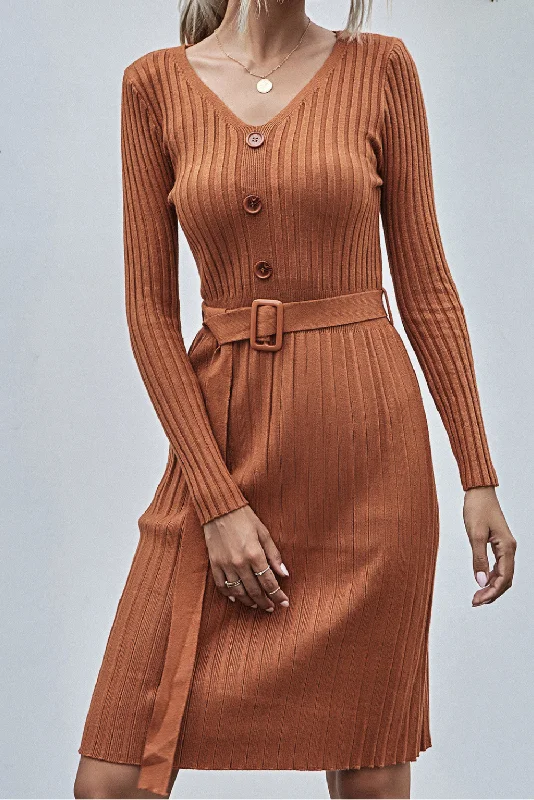 'Fia' V-neck Knit Long Button Dress with Belt