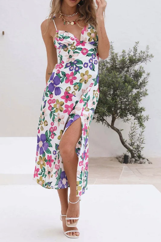 TastyHottie - Floral Print Backless Side Slit Cami Dress