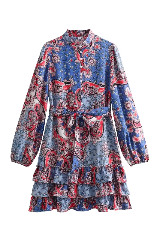 'Gail' Floral Waist-Tie Ruffled Layered Dress