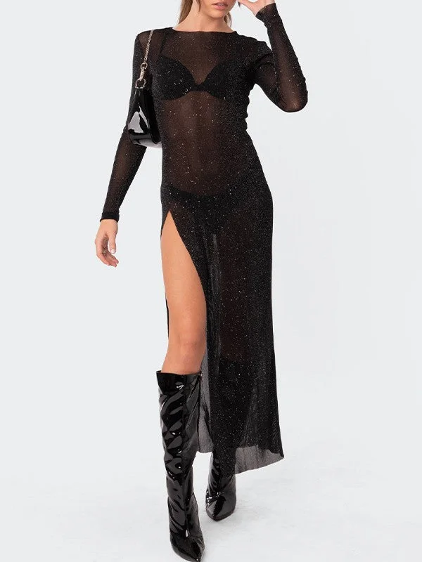 Glitter Mesh Split Long Sleeve Maxi Dress