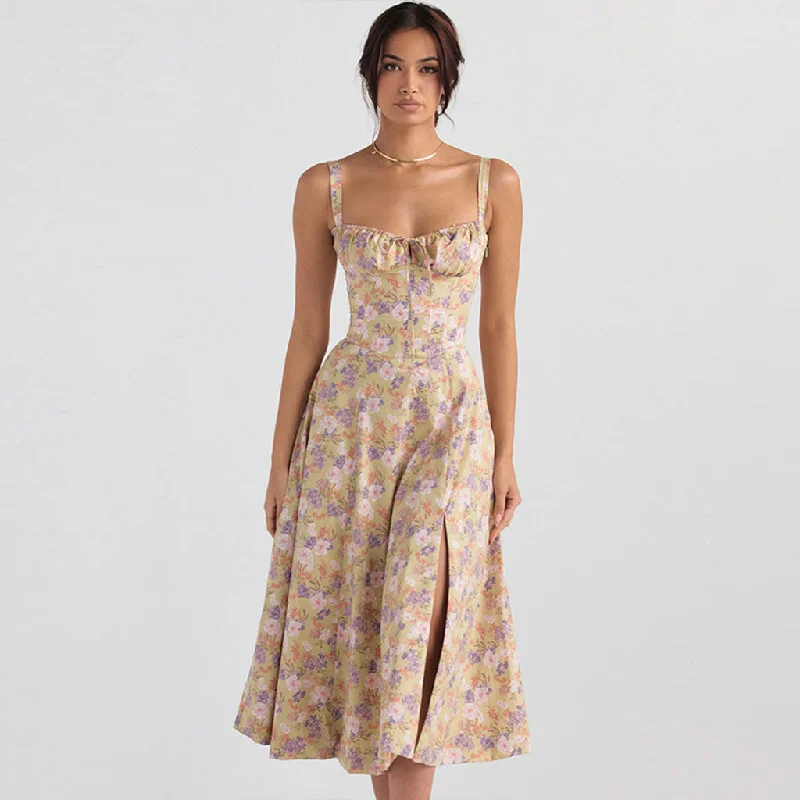 Floral Printed Lace Up Back Tie String Slit Midi Sundress - Green