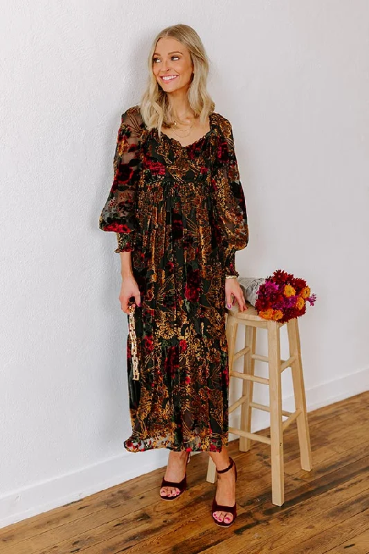 Harvest Garden Velvet Burnout Midi in Black