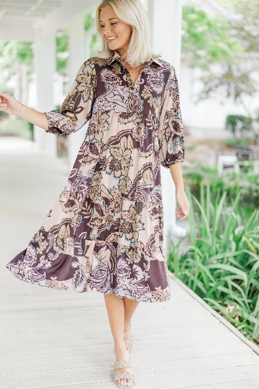 Here For The Day Brown Floral Midi Dress