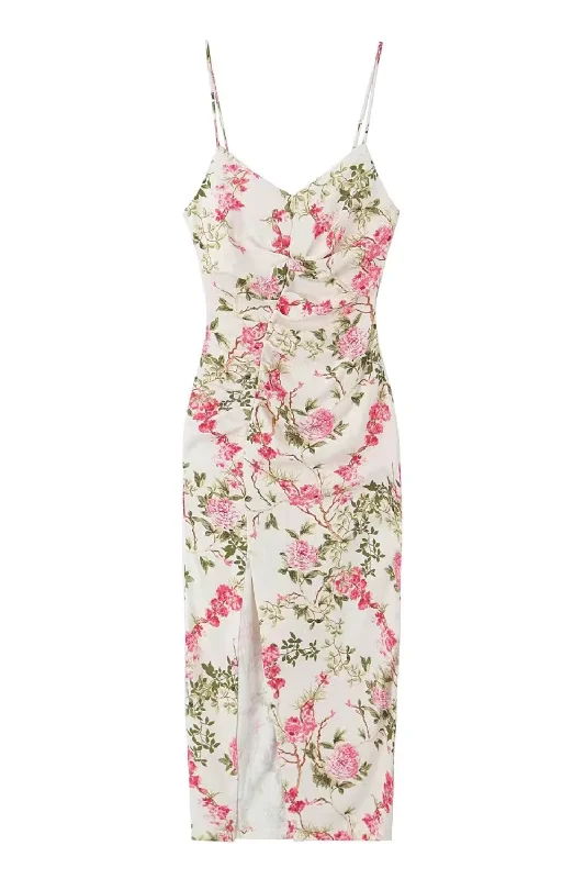 'Hillary' Floral V-Neck Front Slit Midi Dress