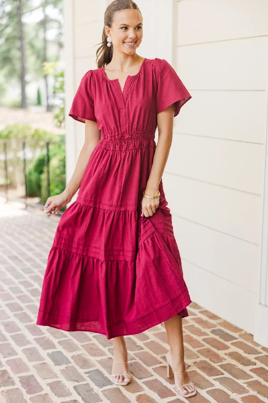 It's In The Air Burgundy Red Tiered Midi Dress