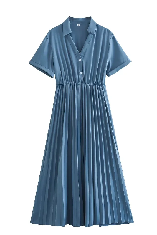 'Izabell' Collared V-Neck Pleated Dress