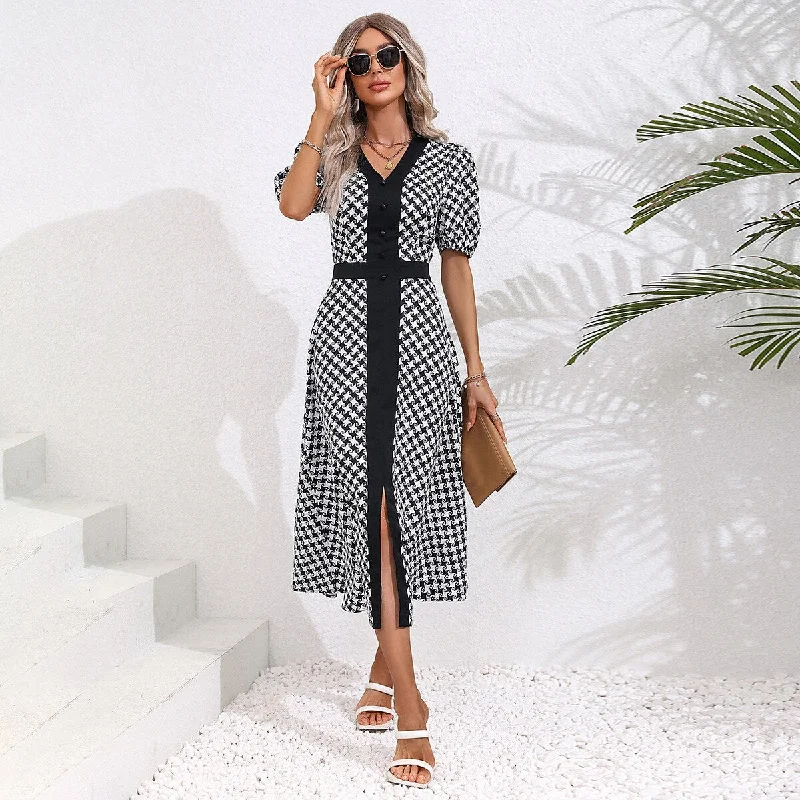 Janice Summer Casual Puff Sleeve Slit Midi Dress