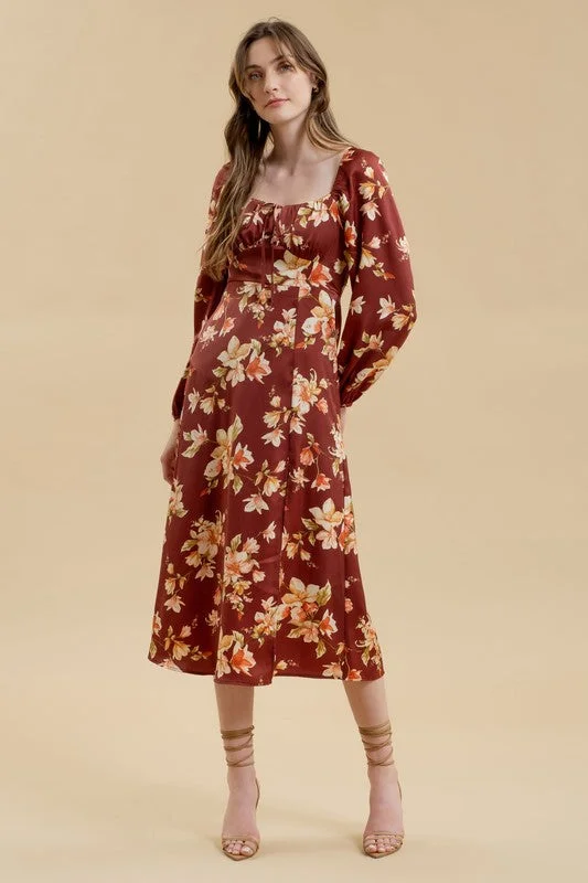 LAURIE FLORAL LONG SLEEVE SPLIT THIGH MIDI DRESS