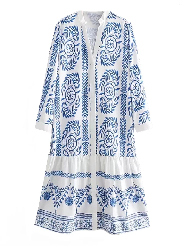 'Mon' Bohemian Printed Embroidery Button Down Dress