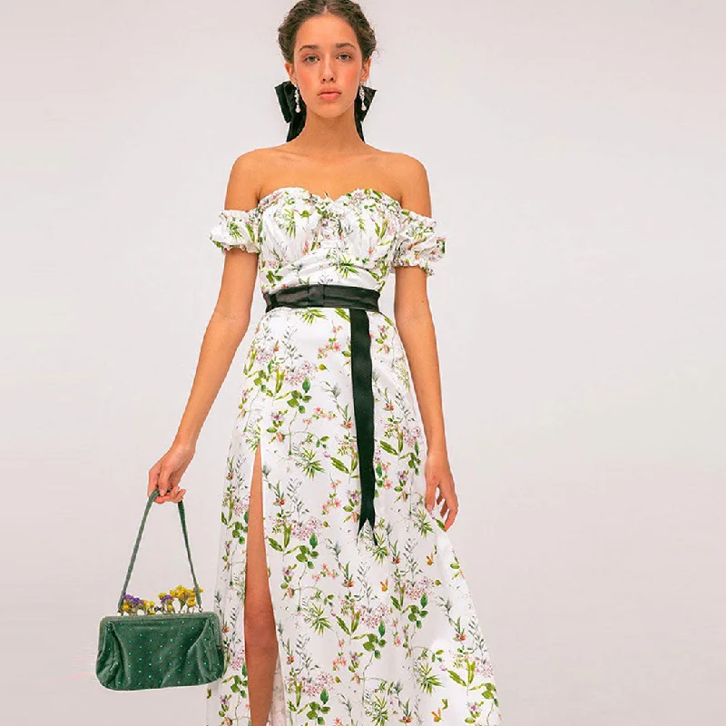 Ruffle Off The Shoulder High Slit Floral Midi Sundress - White