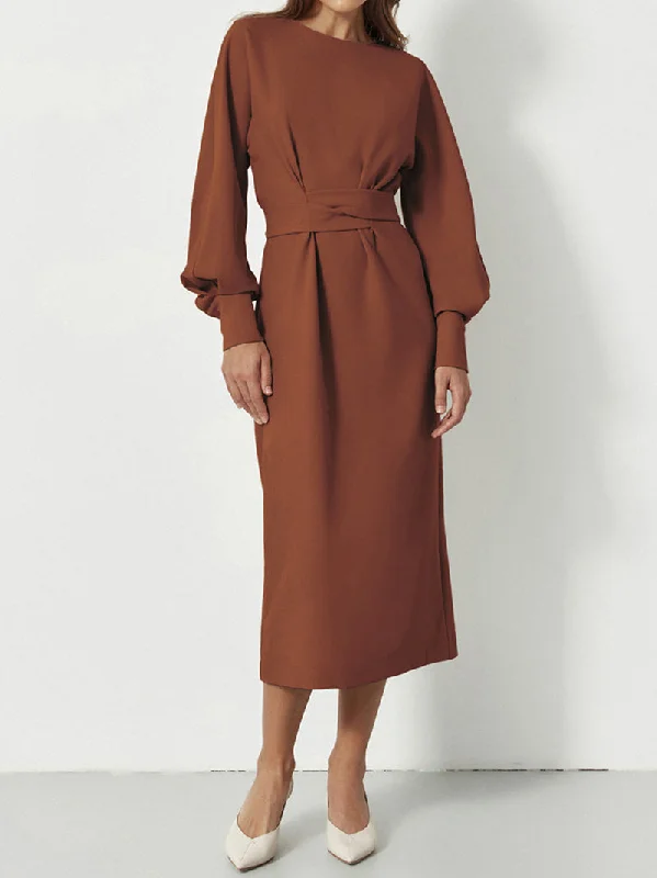 Sandy  O-Neck Long Lantern Sleeve Midi Dress